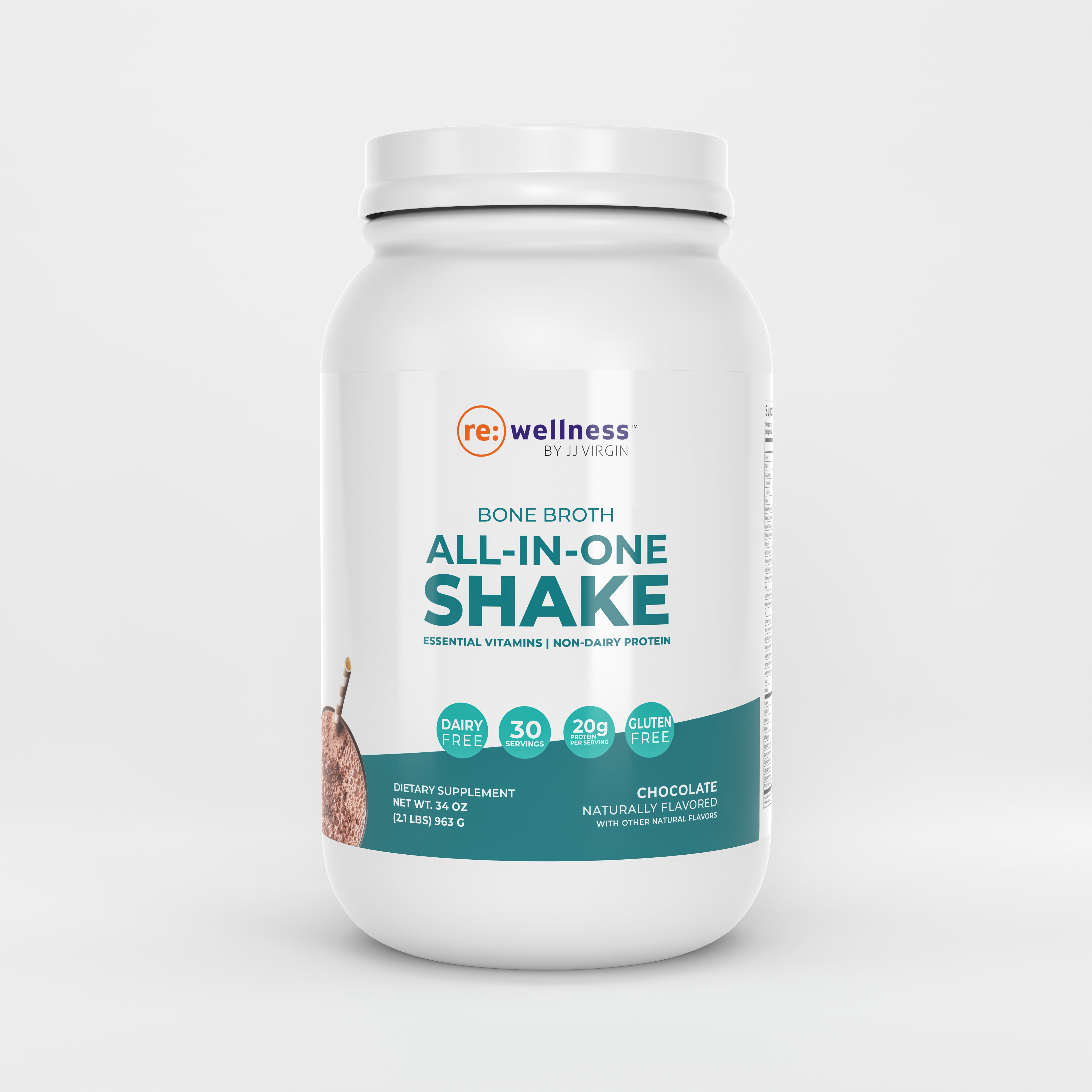 Bone Broth All in one shake - White container of chocolate flavored protein